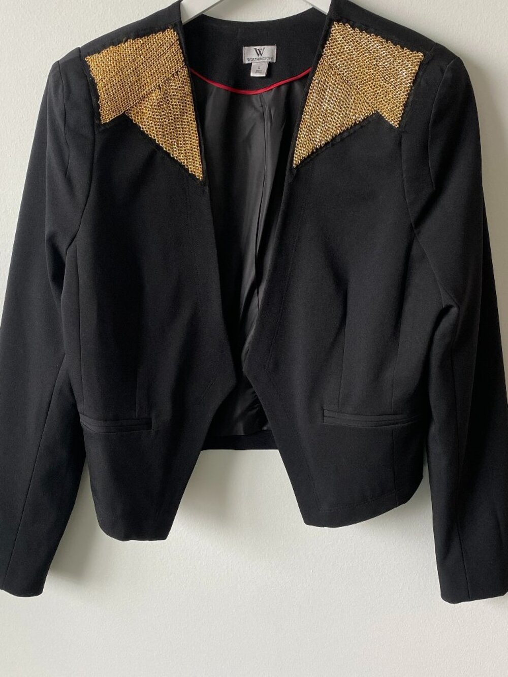 Worthington Black Cropped Blazer | Gold Chain Detail | Size L